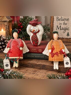 Department 56 Folk Art Christmas Ornaments Angel Snowman Set of 3 Vintage